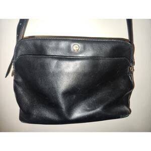 Etienne Aigner Black Leather Shoulder Bag with Front Clasp Pocket